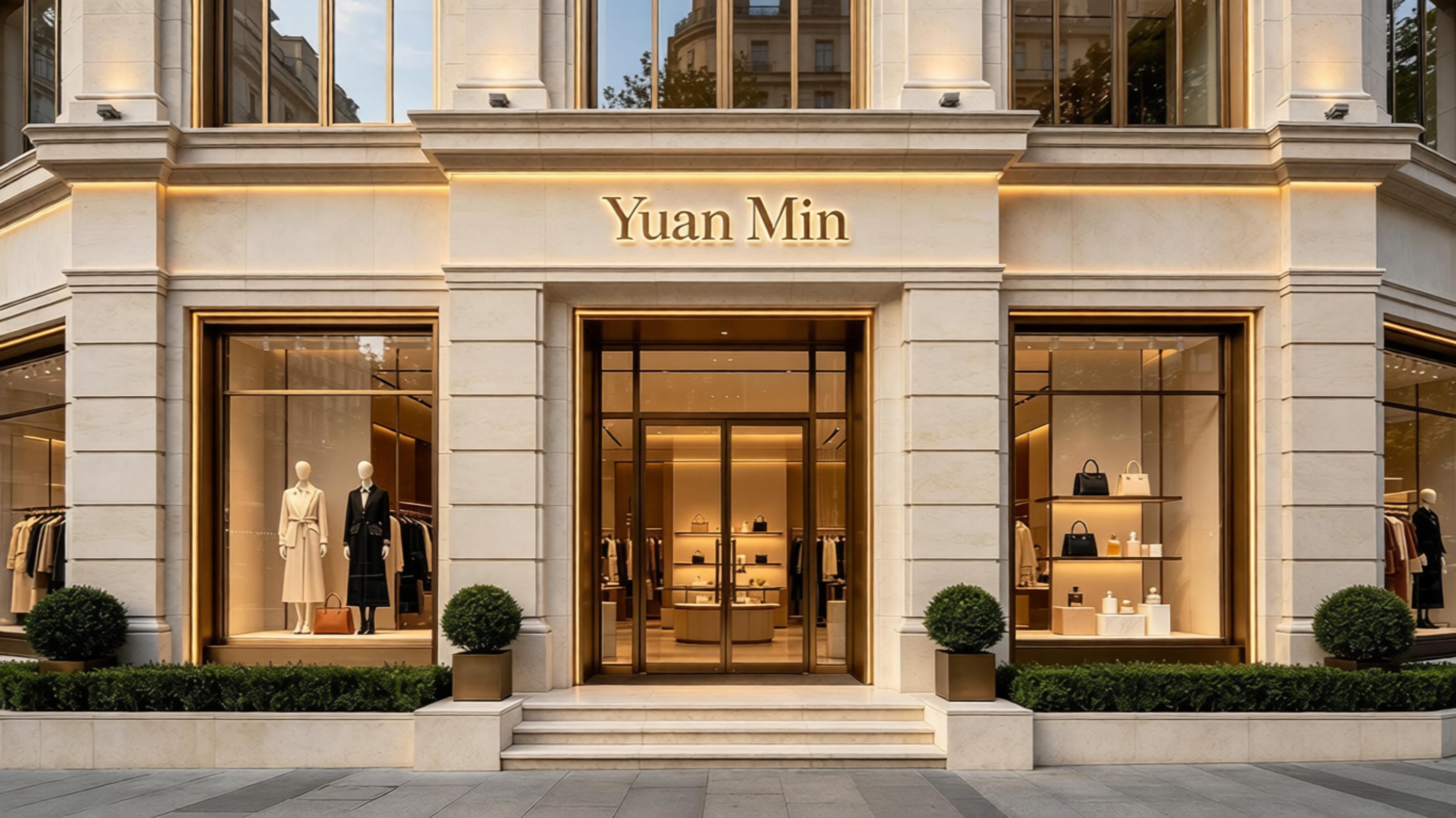 Storefront entrance with gold lit signage reading Yuan Min, glass doors, mannequins, and clothing displays